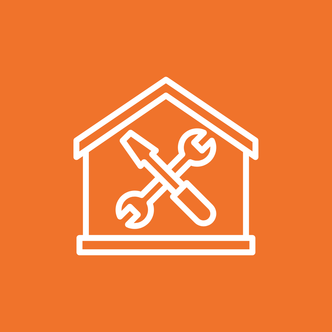 Logo design featuring a house with crossed tools on a bright orange background.