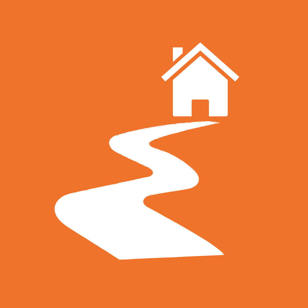 An illustration of a winding path leading to a simple white house on an orange background, symbolizing home maintenance services.